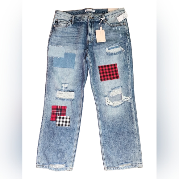 KanCan™ Nonstretch High Rise Plaid Patch Ripped Boyfriend Jean (Maurices) 30x28 - Picture 5 of 9
